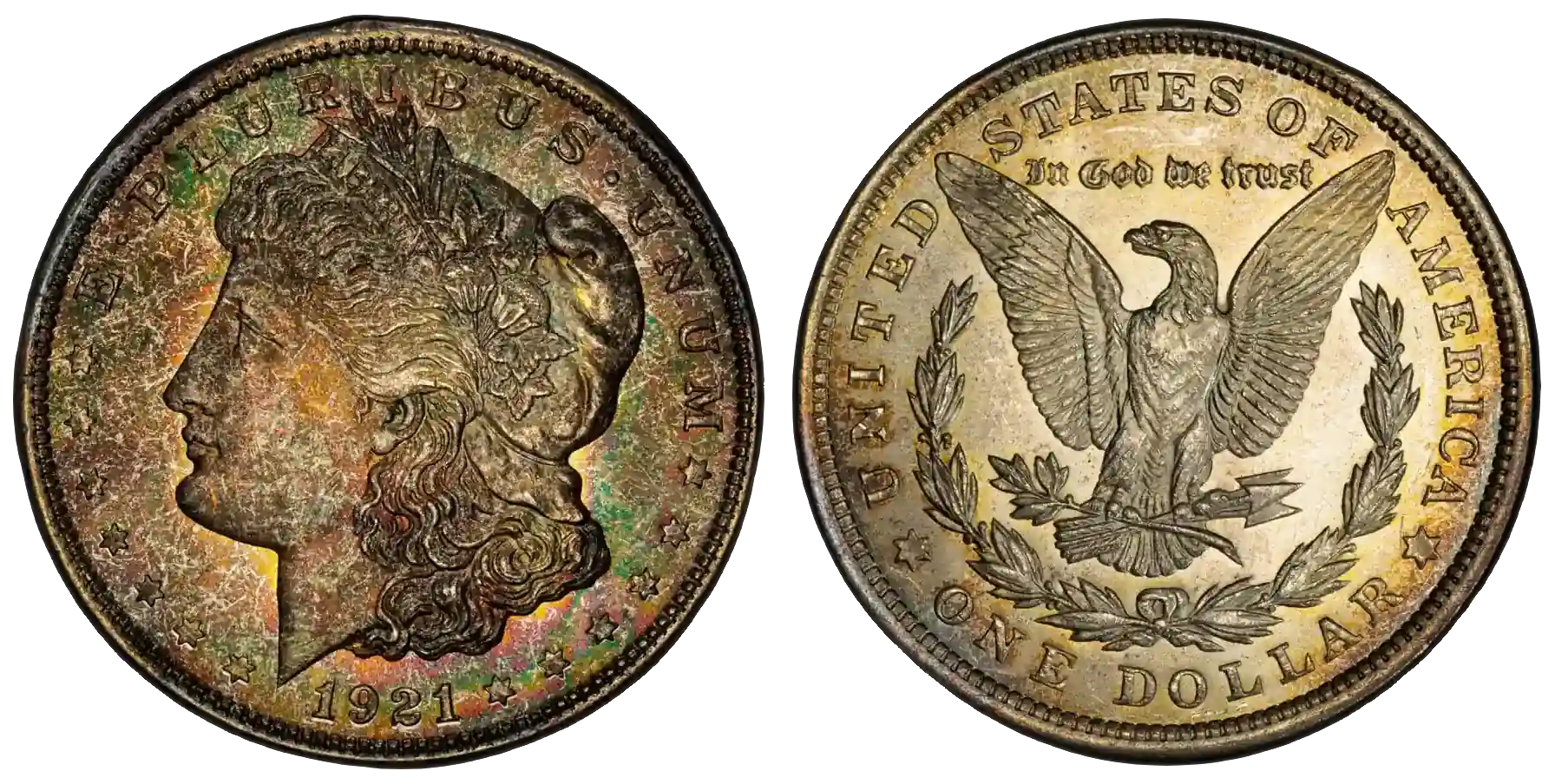 Obverse and reverse of 1921 Morgan Silver dollar with no mint mark from Philadelphia.