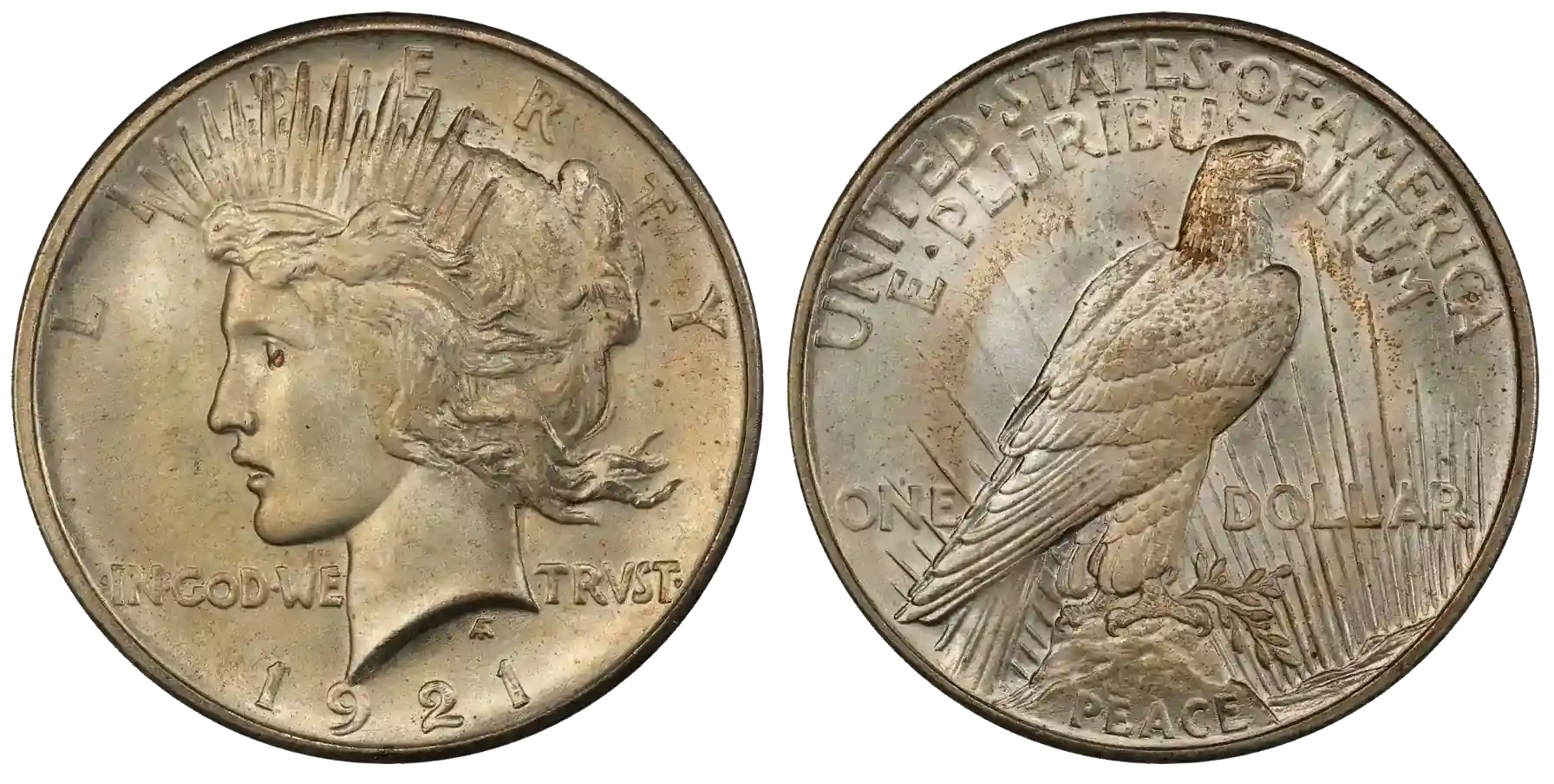 Obverse and reverse of high relief 1921 silver Peace dollar.