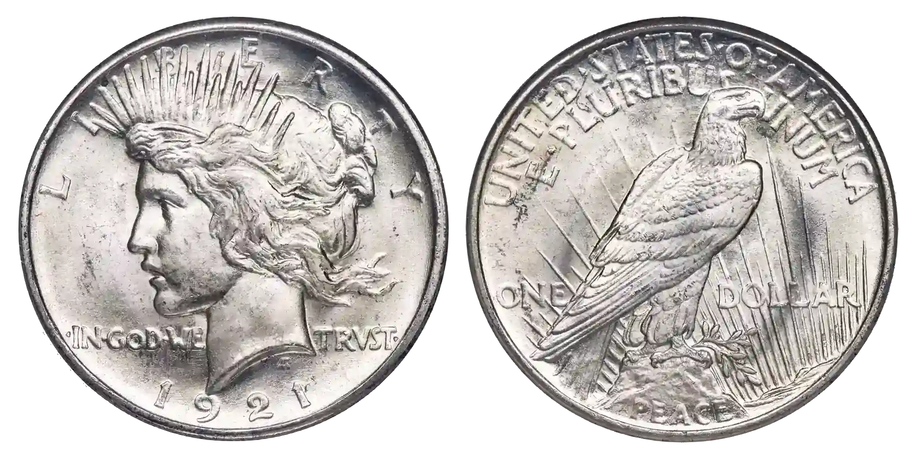 Example of rare 1921 silver Peace dollar with high relief and clear delails in mint state.