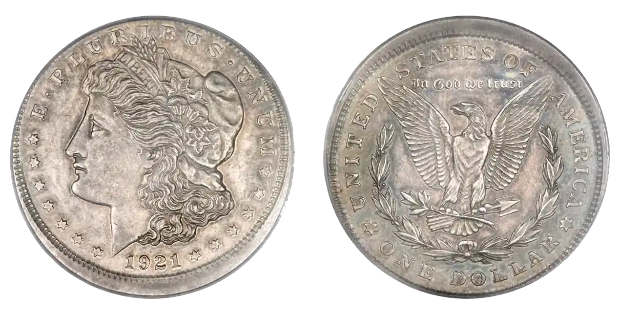 Example of error 1921 D morgan dollar coin with 5% off-center strike.